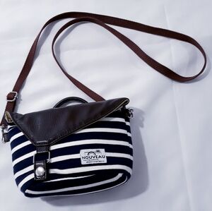 Nouveau Navy and White Striped Shoulder Bag with Brown Strap